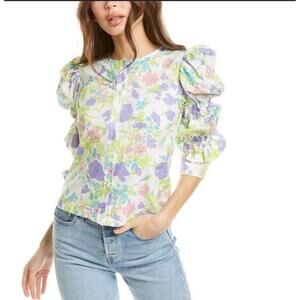 Les Reveries Top Womens M Elizabeth Shirt In Purple Pansies Tiered Puff Sleeve